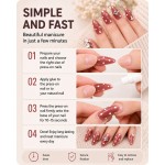 Dusty‑Red Almond Press‑On Nails, Luxury False Nails with White Polka Dots, Metal Flowers & Big Rhinestones